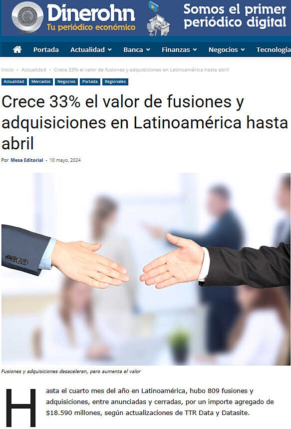 Crece 33% el valor de fusiones y adquisiciones en Latinoamrica hasta abril